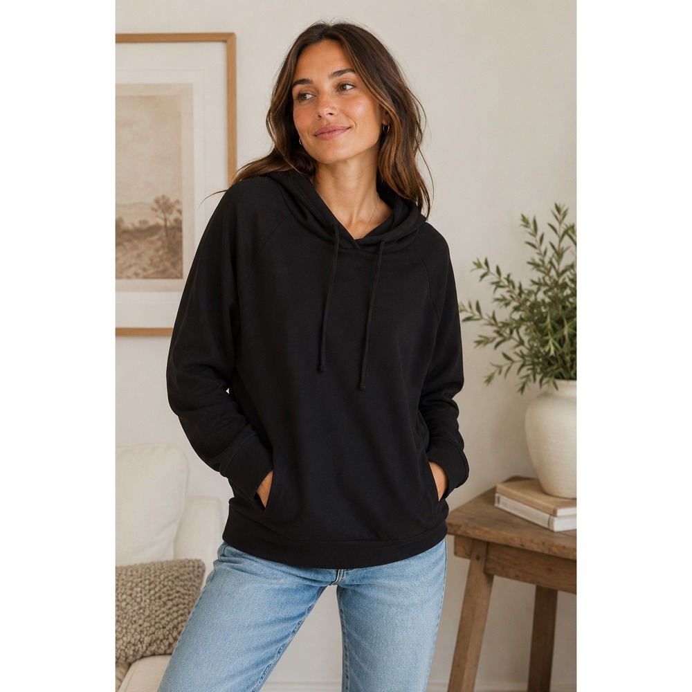 Eddie Bauer Women Black Raglan Hoodie Sweatshirt XL Athleisure Minimalist Cozy